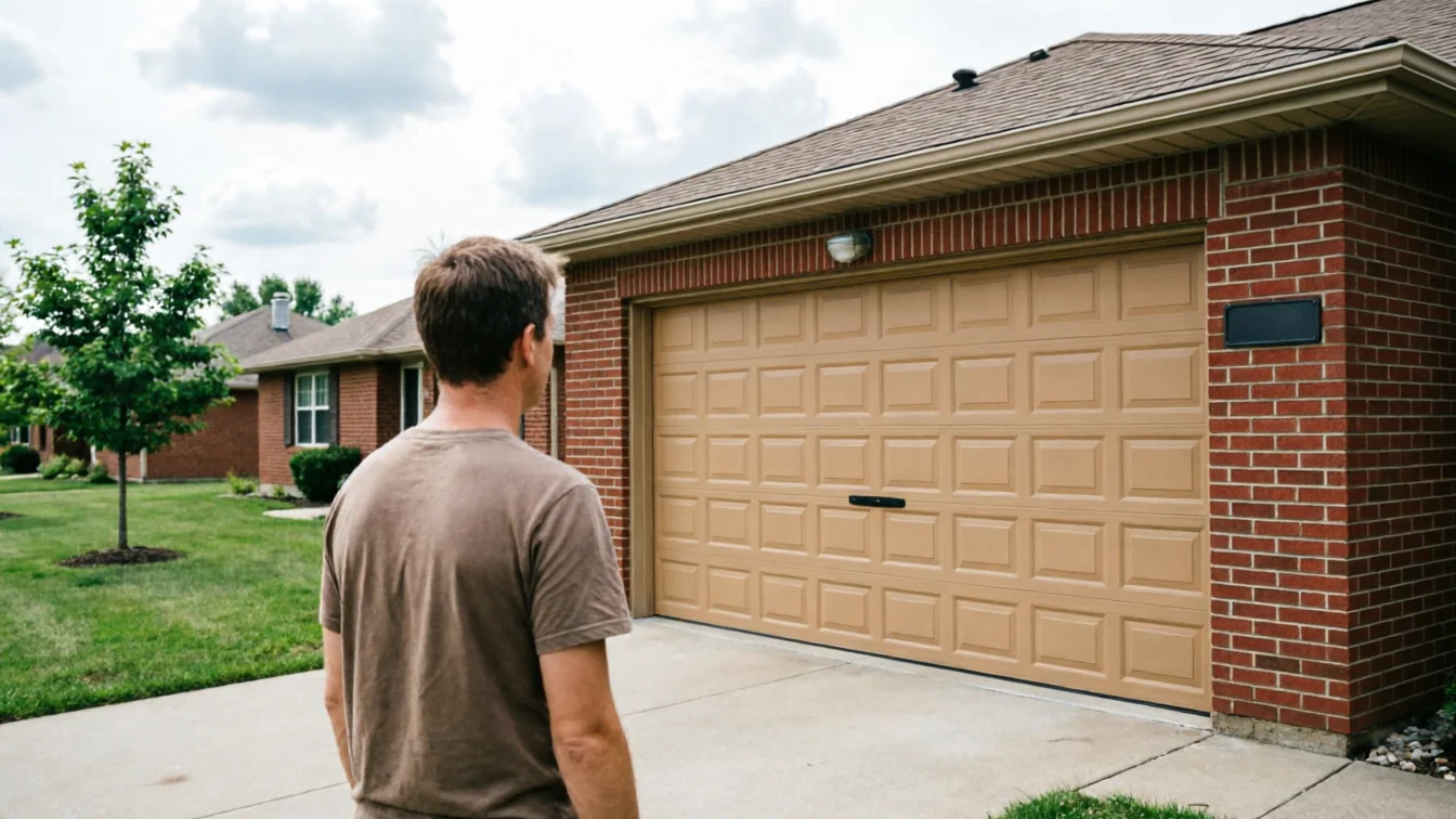 A man stands in a driveway looking at a tan garage door on a brick house.