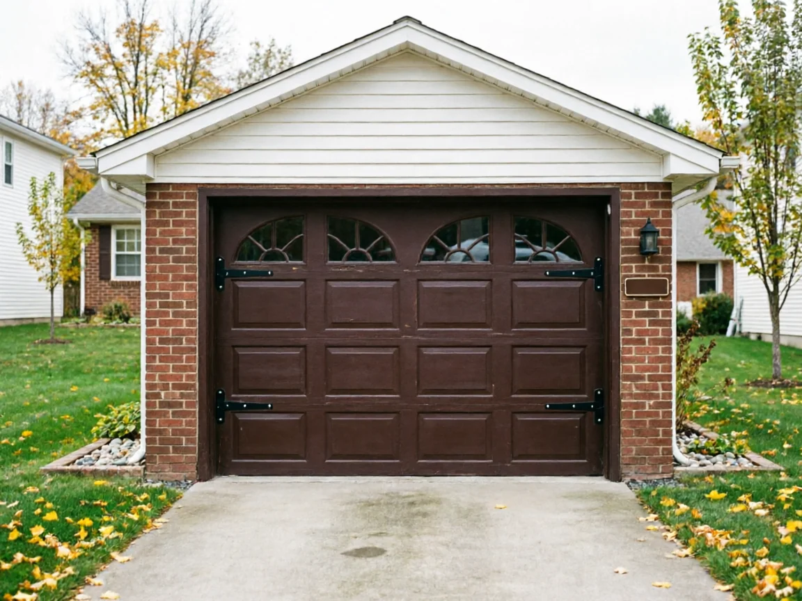 A brown garage door with decorative windows and hardware on a brick house.