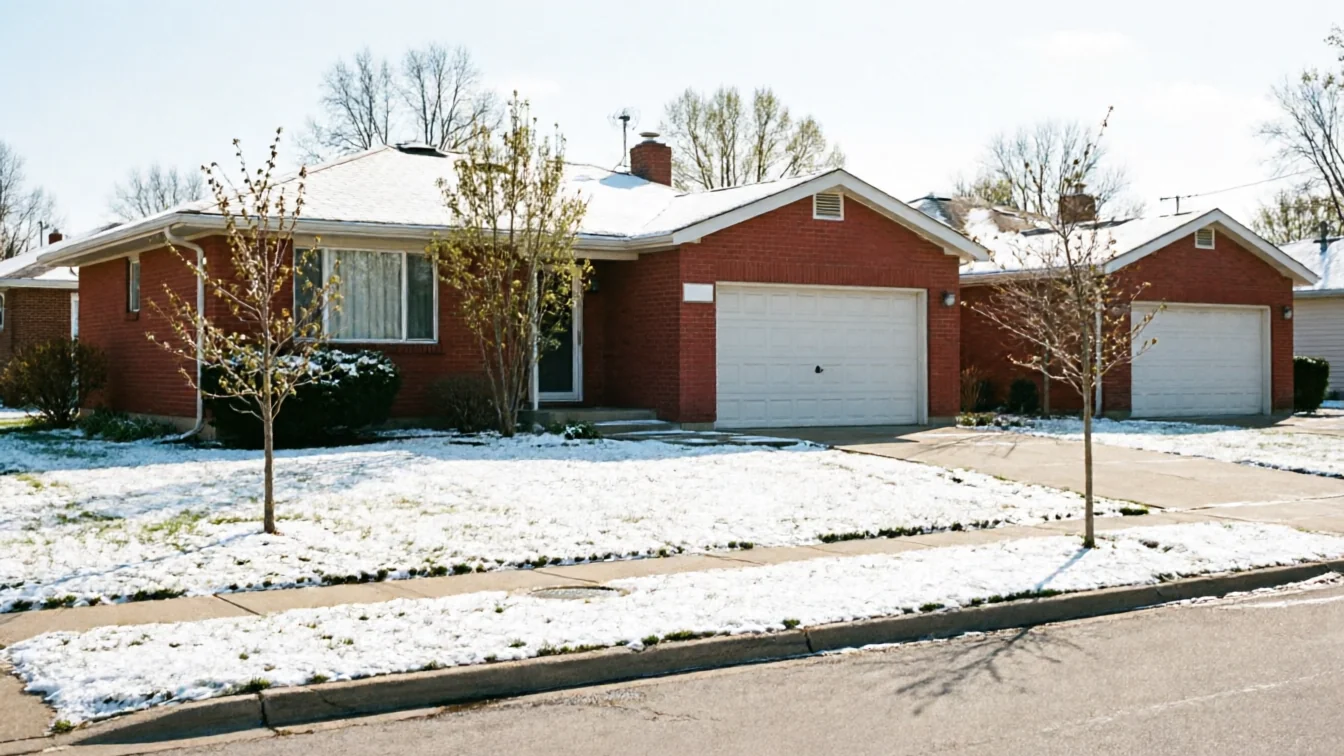 Two red brick houses with white garage doors and snow-covered roofs and lawns.