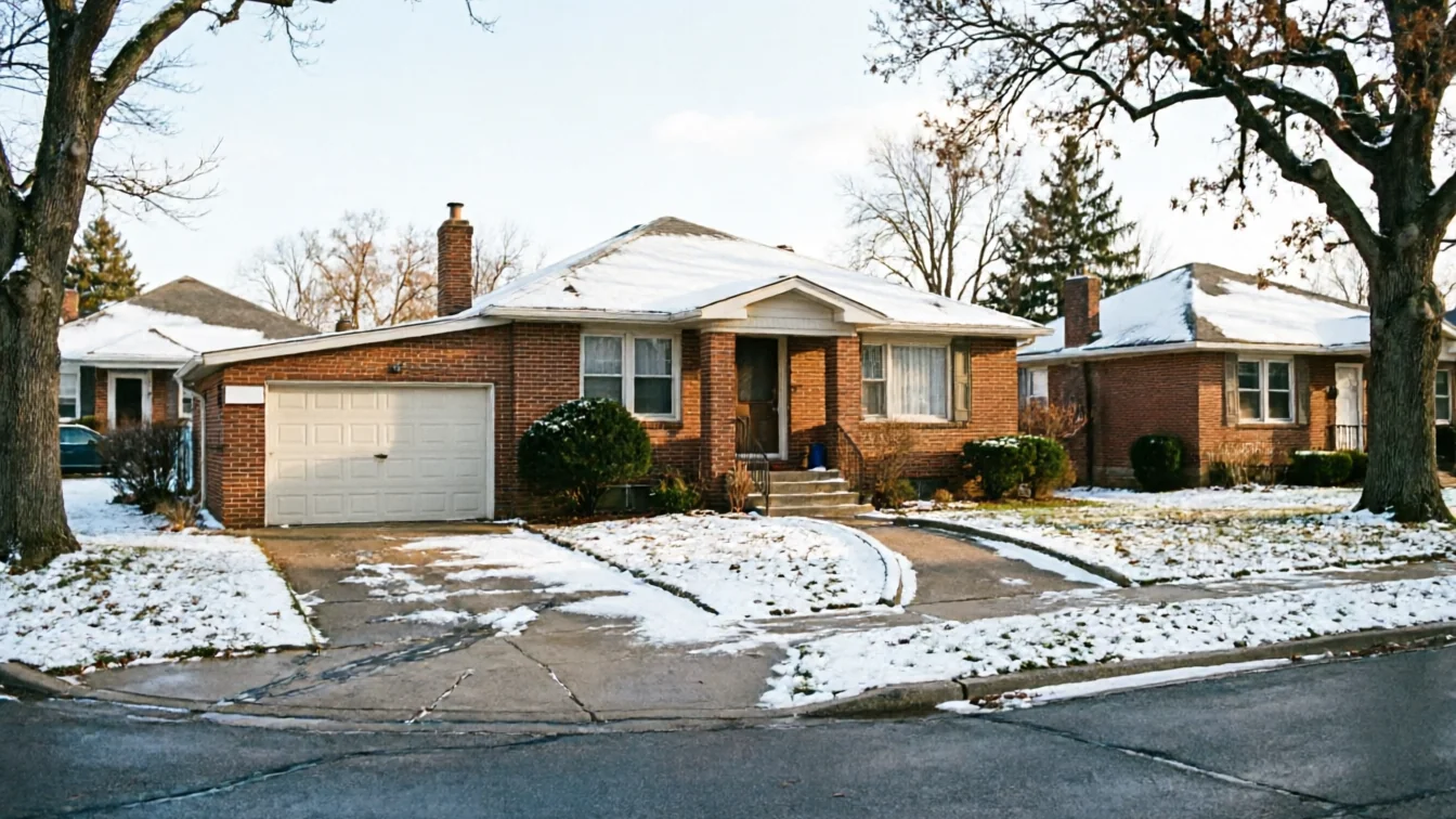 A brick house with a white garage door and snow on the roof and ground.