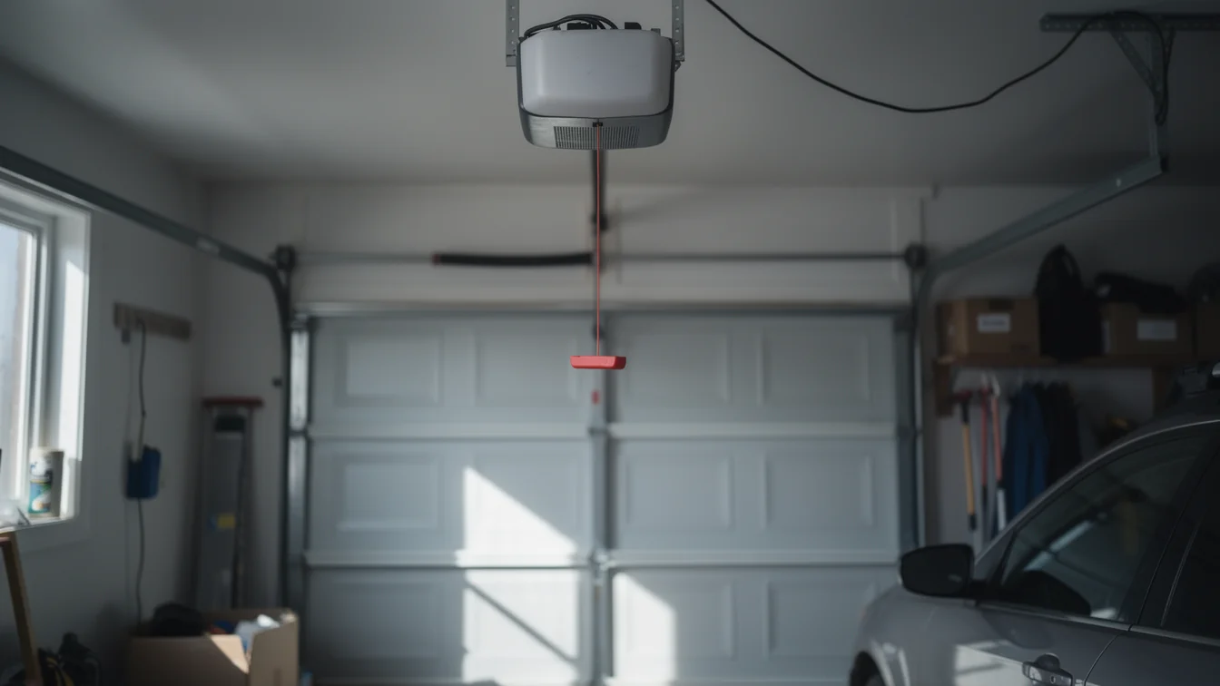 A garage door opener hangs from the ceiling in a garage.
