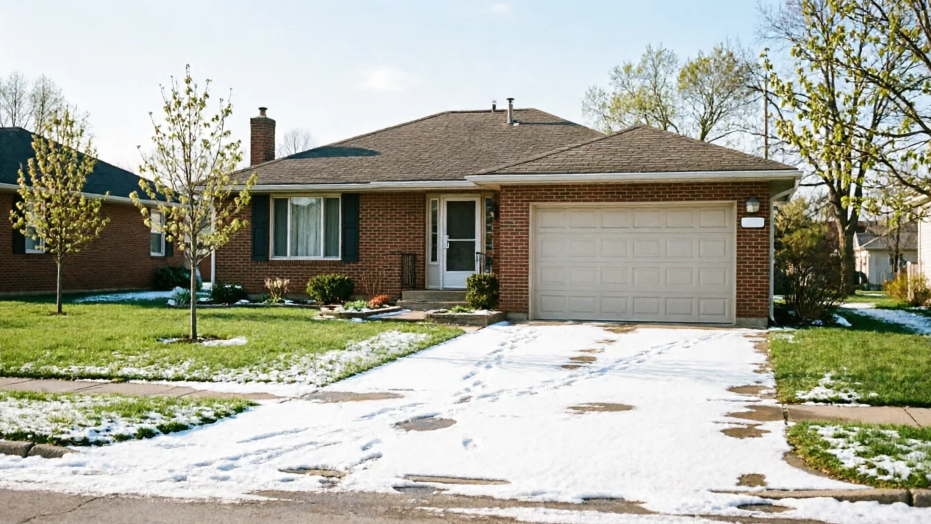 The house has a white garage door and a snow-dusted driveway.